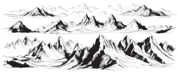 Vector sketch of hand drawn graphic mountain ranges and pine forest. Natural landscape. Black and white backgrounds for outdoor camping.