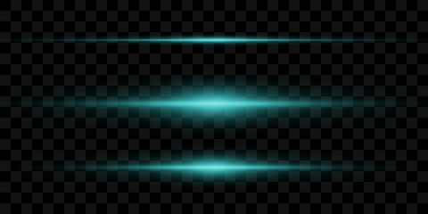 A set of horizontal highlights. Laser beams, horizontal light beams. Beautiful light flashes. Glowing stripes on a transparent background.