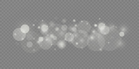 Light abstract glowing bokeh lights. Light bokeh effect isolated on transparent background. Christmas background from shining dust. Christmas concept flare sparkle. White png dust light.