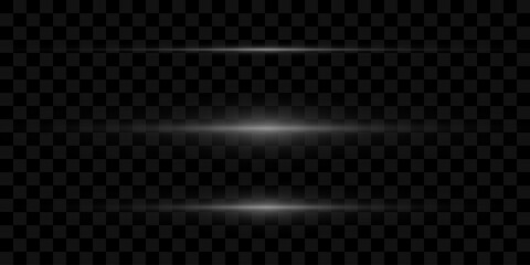 A set of horizontal highlights. Laser beams, horizontal light beams. Beautiful light flashes. Glowing stripes on a transparent background.