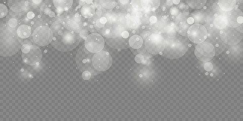 Light abstract glowing bokeh lights. Light bokeh effect isolated on transparent background. Christmas background from shining dust. Christmas concept flare sparkle. 