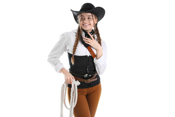 Young cowgirl with lasso on white background