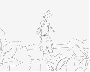 Continues line art of a man with Indonesian flag for coloring book. Cartoon vector illustration 