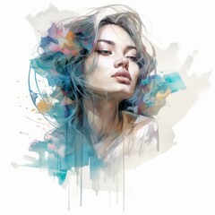 Asian young woman in thinking and doubts watercolor illustration. Female hipster character with dreamy face on abstract background. Ai generated bright drawn colorful poster.
