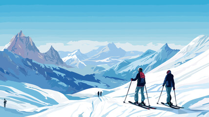 Ai generated. Vector illustration. Advertisement for ski vacations. People are standing on the ski slope.