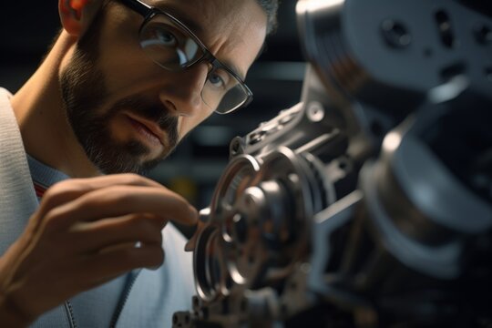 Focused automotive industry complex engines auto car factory production line repair shop workers man safety measures eyewear manufacturing mechanical scientific close-up shot employee concentration