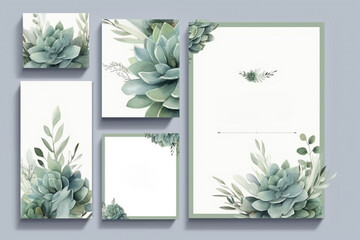 Greenery, succulent and branches Wedding Invitation card, save the date, thank you, rsvp template. Generative ai.