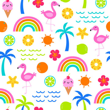 Cute colorful hand drawn summer holidays elements seamless pattern.