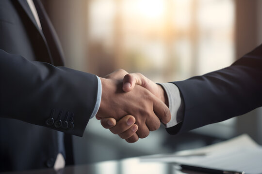 Two colleagues shaking hands to seal a successful business deal. Generative AI..
