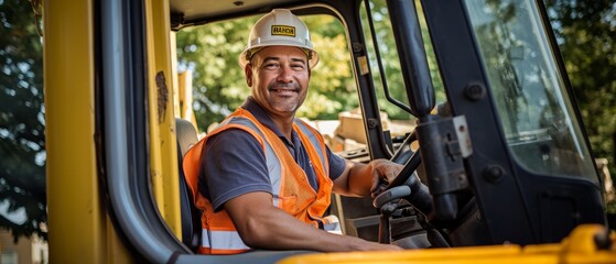 A cheerful worker is sitting in the cab of a mini excavator with a smile on his face. Generative AI