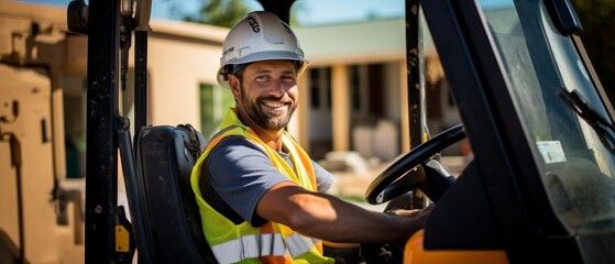 A cheerful worker is sitting in the cab of a mini excavator with a smile on his face. Generative AI