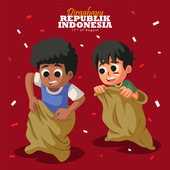 Happy Indonesian Independence Day. 17th of august design vector illustration of sack race running competition