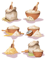 Set of different types of flour in sacks and wooden bowls isolated on white background. Vector illustration of oats, rice, buckwheat, wheat, corn and wheat flour in cartoon flat style.