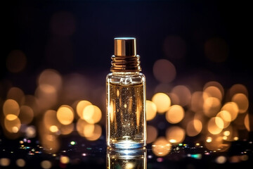 Bottle gift toilet water perfume on a background of golden bokeh lights. Front view. close-up. blurred glittering background. generative ai.