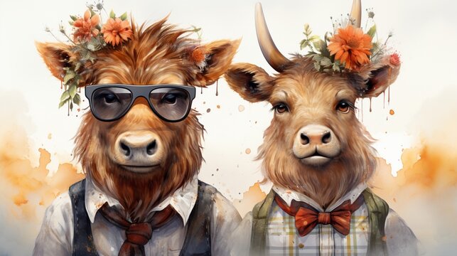 Watercolor Floral Cow Animals Wearing glasses.