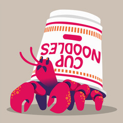 cartoon illustration of a hermit crab with a shell from a plastic noodle bowl © erfan