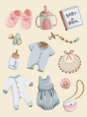 set of vector illustration of baby equipments and clothes