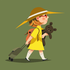 illustration of a beautiful girl going on vacation, pulling a suitcase and holding a doll