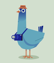 cartoon vector illustration of a pigeon tourist wearing a tourist hat and a camera
