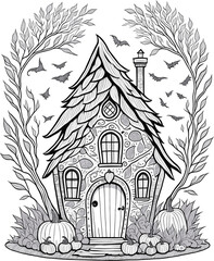 Black and white funny fairy house, halloween cute house isolated, coloring book page illustration.