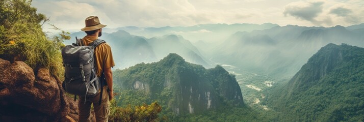 A retired woman with a backpack explores the world. Generative AI