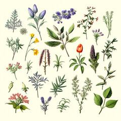 Watercolor wild flowers set. Branches, leaves, herbs, wild plants, flowers. generative ai.