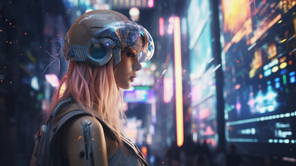 サイバーパンクな近未来の女性とガジェット cyberpunk lady with android helmet gadget - obrazy, fototapety, plakaty