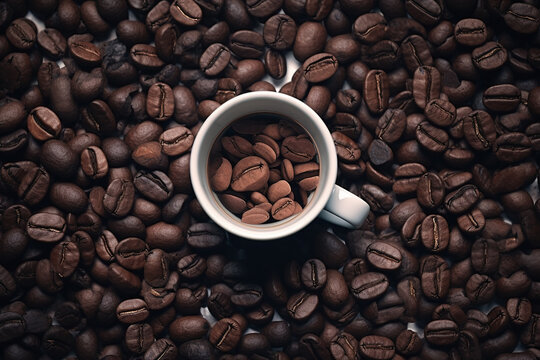 Closeup image of coffee beans in a cup surrounded by coffee beans - Generative AI