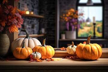  The kitchen is decorated for Halloween, pumpkins and autumn decor