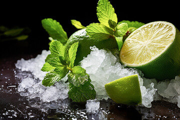  Closeup of a ingredients, lime, sugar, ice, mint leaves