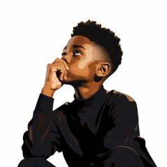 Black boy in thinking and doubts pose oil painted illustration. Male character with dreamy face on abstract background. Ai generated acrylic canvas bright poster.