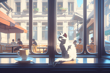 cats sitting in a cafe looking out the window 
generative AI