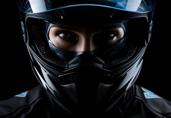 Young caucasian female rider in studio wearing safety motorcycle helmet. light studio on black background, ready for contest or competition. Generative ai