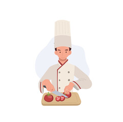 Male Chef Preparing Delicious Meal. Chef Chopping Vegetables in Kitchen . Fresh Organic Ingredients for Cooking