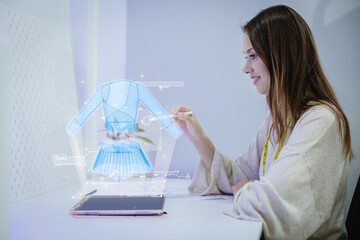 Costume fashion clothing designer using 3D hologram VR visual digital design technology in tailor...