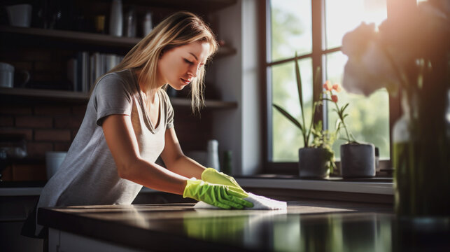 Young woman cleaning using rag and diffuser at home. Holiday house cleaning. Generative Ai content