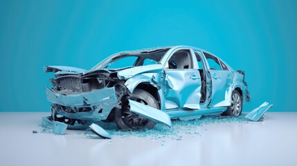 Car accident, broken damaged body metal. Life insurance, technology. Blue car background. AI generated.