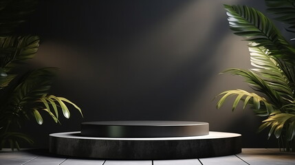 Obraz premium Realistic Empty dark grey product display podiums with foliage and plants, modern minimalist black background with warm, earthy tones. Presentation showcase backdrop. Generative AI