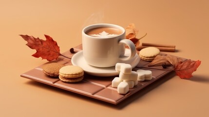 Composition of Coffee, Marshmallows, Autumn Leaf, and Cookie. AI generated