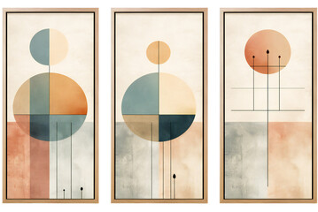 Set of abstract geometric wall paintings. Watercolor abstract painting in a wooden frame. Modern interior triptych with circles, squares and lines. Isolated on a transparent background. KI. 