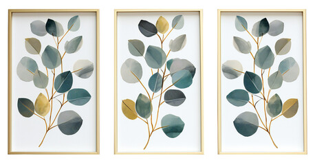 Set of abstract botanical wall paintings. Minimalist paintings in a wooden frame. Modern interior triptych with green branches and leaves. Isolated on a transparent background. KI. 
