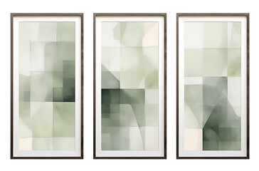 Set of abstract watercolor wall paintings. Minimalistic paintings in a wooden frame with a white passe-partout. Modern interior triptych with green geometry. Isolated on a transparent background. KI. 