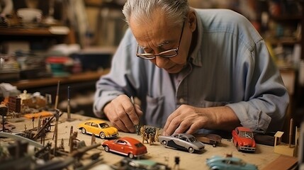 Skilled Man Devotes His Spare Time to Crafting and Assembling a Model Car with Precision and Dedication: Hobbyist's Passion - obrazy, fototapety, plakaty