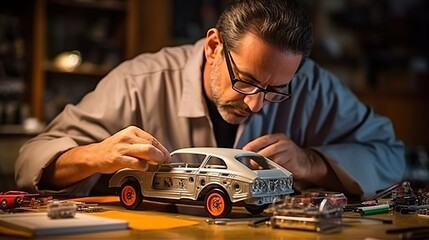 Skilled Man Devotes His Spare Time to Crafting and Assembling a Model Car with Precision and Dedication: Hobbyist's Passion - Powered by Adobe