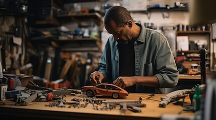 Skilled Man Devotes His Spare Time to Crafting and Assembling a Model Car with Precision and Dedication: Hobbyist's Passion - obrazy, fototapety, plakaty