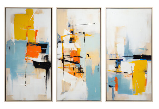Set of abstract oil paintings. Geometric abstract paintings in a wooden frame. Modern interior triptych. Isolated on a transparent background. KI. 