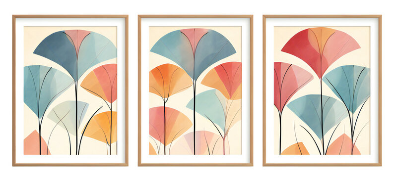Set of abstract botanical wall paintings. Watercolor abstract painting in a wooden frame. Modern interior triptych with geometric flowers and plants. Isolated on a transparent background. KI. 