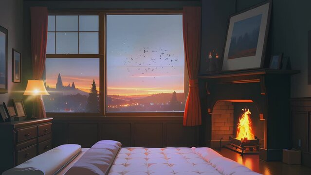 bedroom setting with mattress, window, lamp and fireplace. Cartoon or anime illustration style. seamless looping 4K time-lapse virtual video animation background.