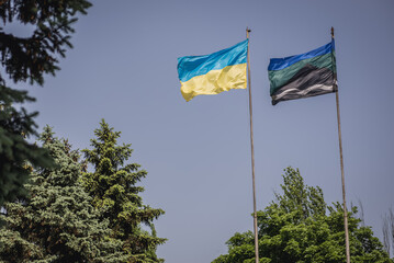 Dobropillia, Ukraine - May 19, 2014: Flag in Dobropillia city during Russo-Ukrainian War in Donbas region