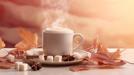 Obraz na płótnie Canvas Coffee with Marshmallows and Autumn Leaf. AI generated